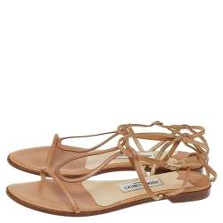 Pre Owned Jimmy Choo Beige Leather T-Strap Sandals Size 38