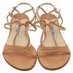 Pre Owned Jimmy Choo Beige Leather T-Strap Sandals Size 38