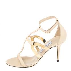 Pre Owned Jimmy Choo Beige Leather T-Strap Ankle Strap Sandals Size 38