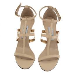Pre Owned Jimmy Choo Beige Leather T-Strap Ankle Strap Sandals Size 38