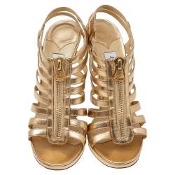 Pre Owned Jimmy Choo Metallic Gold Leather Glenys Cage Sandals Size 38