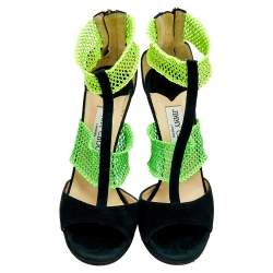 Jimmy Choo Black Suede And Stretch Knit Lana Open Toe Platform Sandals Size 38