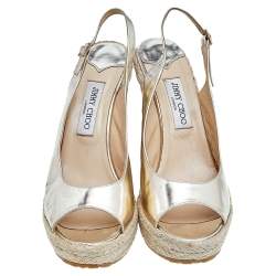 Pre Owned Jimmy Choo Gold Leather Espadrille Platform Wedge Slingback Sandals Size 41
