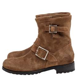 Pre Owned Jimmy Choo Brown Suede Youth Buckle Detail Biker Ankle Length Boots Size 39.5