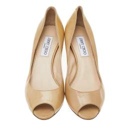 Jimmy Choo Beige Patent Leather Peep Toe Pumps Size 39.5