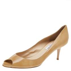 Jimmy Choo Beige Patent Leather Peep Toe Pumps Size 39.5