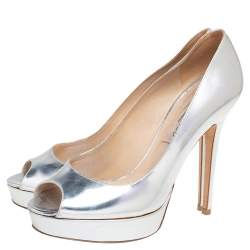 Jimmy Choo Silver Leather Platform Peep Toe Pumps Size 38