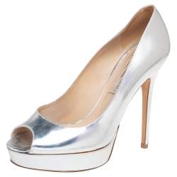 Jimmy Choo Silver Leather Platform Peep Toe Pumps Size 38