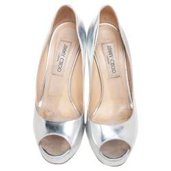 Jimmy Choo Silver Leather Platform Peep Toe Pumps Size 38