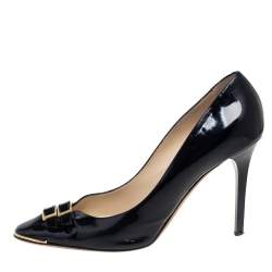 Pre Owned Jimmy Choo Black Patent Leather Double Buckle Toe Pumps Size 41