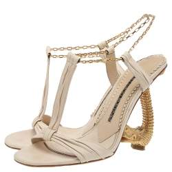 Pre Owned Jimmy Choo Cream Leather Chain Ankle Strap Sandals Size 38