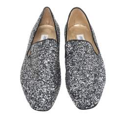 Jimmy Choo Black/Silver Glitter Sloane Smoking Slippers Size 42