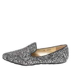 Jimmy Choo Black/Silver Glitter Sloane Smoking Slippers Size 42