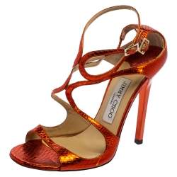 Pre Owned Jimmy Choo Metallic Orange Python Embossed Leather Strappy Ankle Strap Sandals Size 37