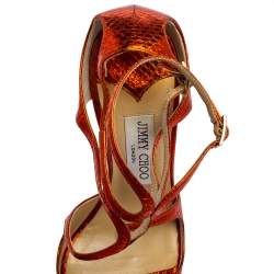 Pre Owned Jimmy Choo Metallic Orange Python Embossed Leather Strappy Ankle Strap Sandals Size 37