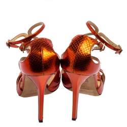Pre Owned Jimmy Choo Metallic Orange Python Embossed Leather Strappy Ankle Strap Sandals Size 37
