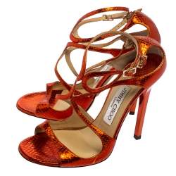 Pre Owned Jimmy Choo Metallic Orange Python Embossed Leather Strappy Ankle Strap Sandals Size 37
