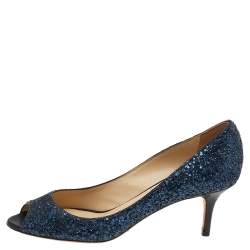 مملوكة مسبقًا Jimmy Choo Blue Glitter Leather 'Isabel' Peep Toe Pumps Size 38.5