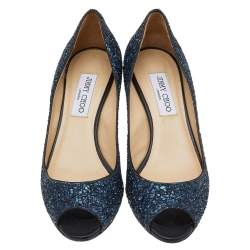 مملوكة مسبقًا Jimmy Choo Blue Glitter Leather 'Isabel' Peep Toe Pumps Size 38.5