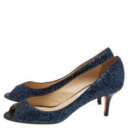 مملوكة مسبقًا Jimmy Choo Blue Glitter Leather 'Isabel' Peep Toe Pumps Size 38.5