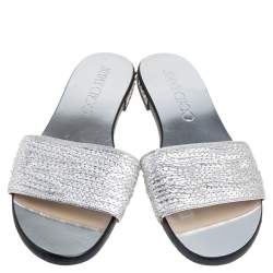 Pre Owned Jimmy Choo Silver Leather Slip On Flat Sandals Size 37
