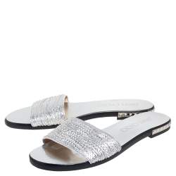 Pre Owned Jimmy Choo Silver Leather Slip On Flat Sandals Size 37