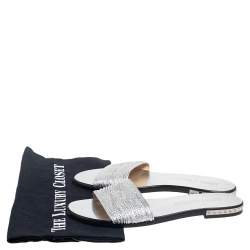 Pre Owned Jimmy Choo Silver Leather Slip On Flat Sandals Size 37