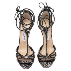 Pre Owned Jimmy Choo Black Python T Strap Tie Up Sandals Size 38.5