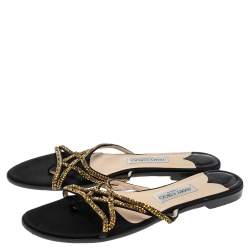 Pre Owned Jimmy Choo Black Satin Crystal Thong Flats Sandals Size 41.5
