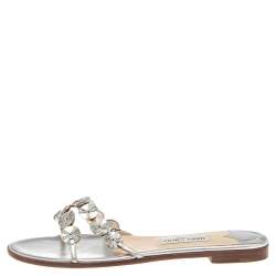مملوكة مسبقًا Jimmy Choo Silver Leather Embellished Flat Slides Size 41.5