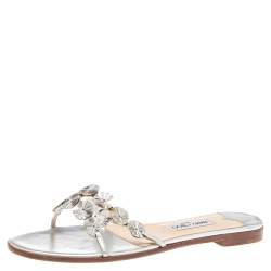 مملوكة مسبقًا Jimmy Choo Silver Leather Embellished Flat Slides Size 41.5