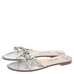 مملوكة مسبقًا Jimmy Choo Silver Leather Embellished Flat Slides Size 41.5