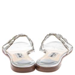 مملوكة مسبقًا Jimmy Choo Silver Leather Embellished Flat Slides Size 41.5