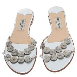 مملوكة مسبقًا Jimmy Choo Silver Leather Embellished Flat Slides Size 41.5