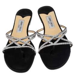 Pre Owned Jimmy Choo Black Satin Crystal Embellished Flat Slides Size 41