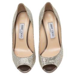 Pre Owned Jimmy Choo Metallic Gold Glitter Baxen Peep Toe Wedge Pumps Size 38