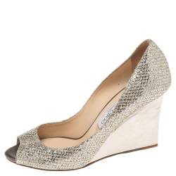 Pre Owned Jimmy Choo Metallic Gold Glitter Baxen Peep Toe Wedge Pumps Size 38