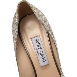 Pre Owned Jimmy Choo Metallic Gold Glitter Baxen Peep Toe Wedge Pumps Size 38