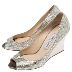 Pre Owned Jimmy Choo Metallic Gold Glitter Baxen Peep Toe Wedge Pumps Size 38