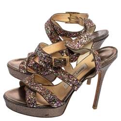 Jimmy Choo Multicolor Coarse Glitter Leather Platform Sandals Size 37