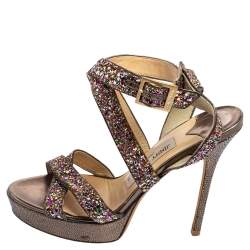 Jimmy Choo Multicolor Coarse Glitter Leather Platform Sandals Size 37