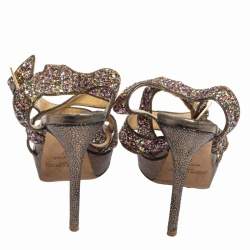 Jimmy Choo Multicolor Coarse Glitter Leather Platform Sandals Size 37