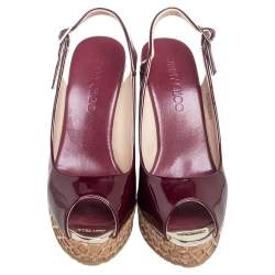 Pre Owned Jimmy Choo Burgundy Patent Leather Prova Cork Wedge Peep Toe Platform Slingback Sandals Size 38