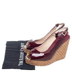 Pre Owned Jimmy Choo Burgundy Patent Leather Prova Cork Wedge Peep Toe Platform Slingback Sandals Size 38