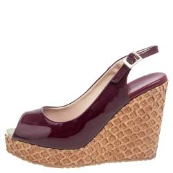 Pre Owned Jimmy Choo Burgundy Patent Leather Prova Cork Wedge Peep Toe Platform Slingback Sandals Size 38