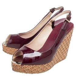 Pre Owned Jimmy Choo Burgundy Patent Leather Prova Cork Wedge Peep Toe Platform Slingback Sandals Size 38