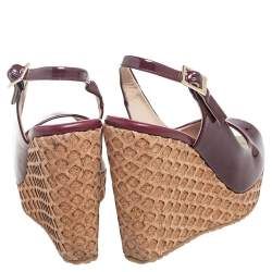 Pre Owned Jimmy Choo Burgundy Patent Leather Prova Cork Wedge Peep Toe Platform Slingback Sandals Size 38