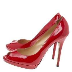 Pre Owned Jimmy Choo Red Patent Leather Peep Toe Platform Pumps Size 41.5