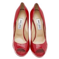 Pre Owned Jimmy Choo Red Patent Leather Peep Toe Platform Pumps Size 41.5