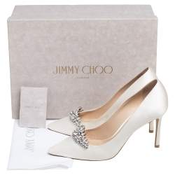 Pre Owned Jimmy Choo Off White  Satin Crystal Embellished Romy Pointed Toe Pumps Size 37